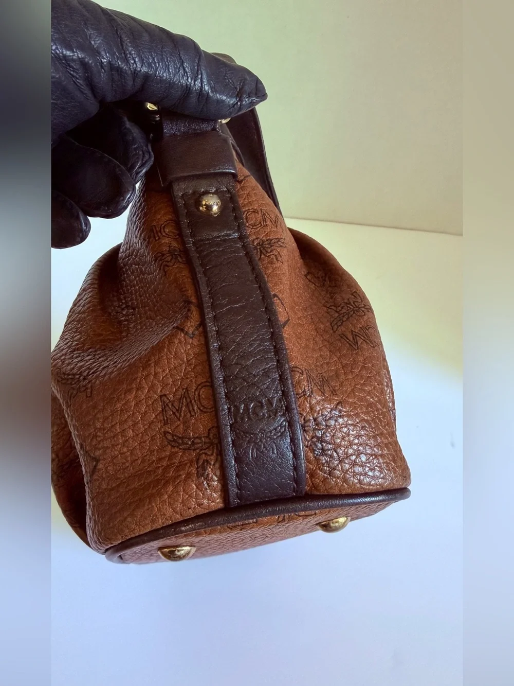 MCM Cognac Logo-Print Leather Shoulder Bag with Gold Plaque